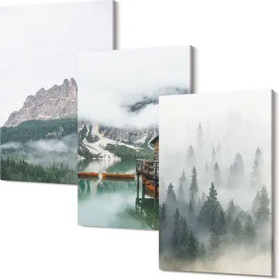 Produktbild von Leinwandbild – Wandbild – Leinwandbilder – Kunstdruck – Polycanvas – Modern – Mehrteilig – 3-Teilig Set – Hochwertig – Geruchslos – Lichtecht – Fertig Aufgespannt – 20x30 Cm Je Teil - Berge, See, Hütte und Nebel im Wald