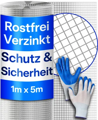 Produktbild von Praknu Drahtgitter Feinmaschig – 1 × 5 m Rolle – Rostfreies Maschendraht & Wühlmausgitter  für Hochbeet – Langlebiges Mäusegitter, Volierendraht & Hasendraht – Kaninchendraht 100cm mit Handschuhe
