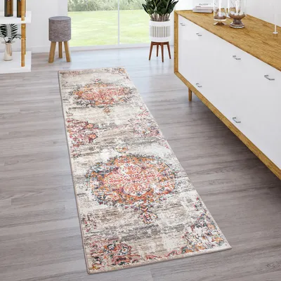 Produktbild von Teppich Wohnzimmer Kurzflor Vintage Modern Orient Optik Abstrakt Beige Grau Orange Grösse 80x150 cm
