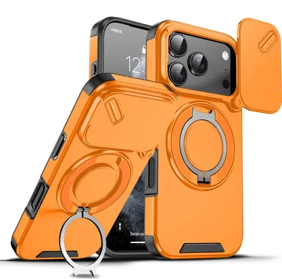 Obrázek produktu pro Dvouvrstvé pouzdro pro iPhone 17 Pro, s posuvným krytem fotoaparátu a magnetickým kroužkovým stojánkem Pomerančový