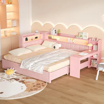Imagen del producto de Merax, sofá-cama diario de 90x200 hasta 180x200 cm con cama extraíble, sofá-cama diario con escritorio, puertos USB e iluminación LED, color rosa