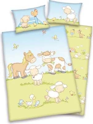 A collection of images showing a children's bedding set with farm animal illustrations.