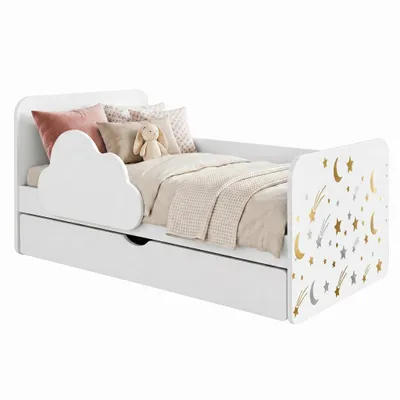 Produktbild von Kinderbett "Wolke" 160x80 cm Weiß | Komplett-Set inkl. Matratze, Schublade & Rausfallschutz | Juniorbett, Goldene Sterne