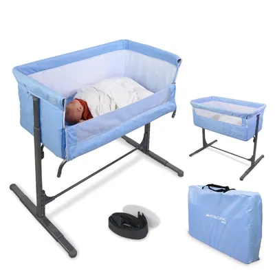 Image de Mobiclinic Lit d'appoint bébé, 2 en 1, Moon, sangles de fixation au lit, réglable en 5 positions, sac de transport, roulettes incluses