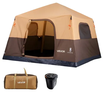 Image de VEVOR, tente de camping pour 6 personnes, tente familiale gonflable avec pompe rechargeable, tuyau d'air en TPU et 4 fenêtres en filet, tente avec cabine, sac de transport inclus, idéale pour le camping en famille et la randonnée, couleur beige