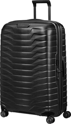 A studio shot of a black Samsonite suitcase.