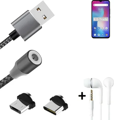 Produktbild von K-S-Trade® Hochwertiges Magnet-Lade-kabel Sync-Kabel Daten-Kabel + Kopfhörer kompatibel mit UMIDIGI Power mit USB-Typ-C-Anschluss und