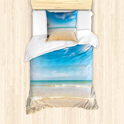 Produktbild von ABAKUHAUS Ozean Mantele, Tropic Himmel Meer Landschaft, Milbensicher Allergiker geeignet mit Kissenbezügen, 135 cm x 200 cm - 80 x 80 cm, Creme Blau