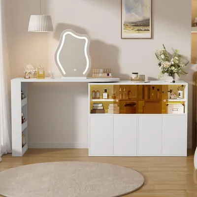 Produktbild von Merax Schminktisch mit LED-Beleuchtung, Sideboard, Frisiertisch, Schreibtisch, L-förmiger Aufbewahrungsschrank mit Spiegel & Stauraum, Weiß