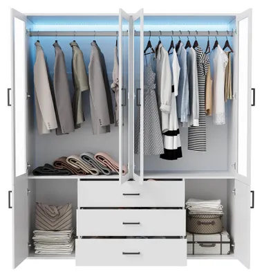 Produktbild von ProximaX Kleiderschrank 4-türig mit RGB-LED-Beleuchtung, 3 Schubladen & Glasfronten, Weiß, 160x51.8x182cm, für Schlafzimmer
