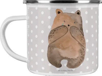 Produktbild von Mr. & Mrs. Panda Emaille Tasse Bär Verlust - Grau Pastell - Geschenk, Haferl, Trauer Trauergeschenk Traurig Trösten Trost Liebeskummer, Teddy, Pott, Kaffeepott, Teetasse
