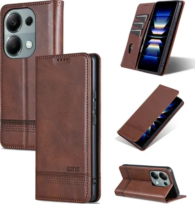A collage of images showing a brown leather phone case from different angles, including its cardholder feature and stand functionality.