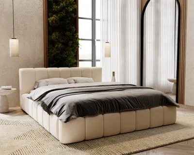 Obrázek produktu pro GrainGold Čalouněná postel Split 160x200 cm - Postel 160x200, Čalouněná postel s postelovým boxem - Manželská postel s roštem - krémová (Spark 25)