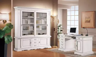 Image de Aménagement de bureau Bureau blanc Bibliothèque Meuble classique Set 2pcs