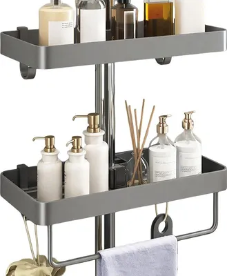 Image de Étagère de douche à deux niveaux, sans perçage, réglable en hauteur, en aluminium, inoxydable, stable et durable, avec barre, gris