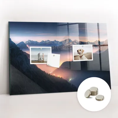 Obrázok produktu pre Magnetická tabuľa na stenu - Memo Tabuľa Sklenená - vrátane 5 magnetov - 60x40 cm - Vrcholy hôr krajina