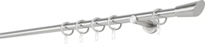 A metal curtain rod with rings, shown against a white background.