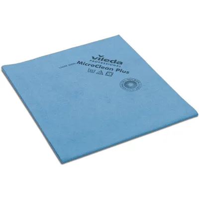 A blue Vileda MicroClean Plus cleaning cloth is shown flat on a white background.