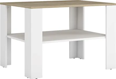 A modern coffee table with a wood-effect top and white legs and shelf.