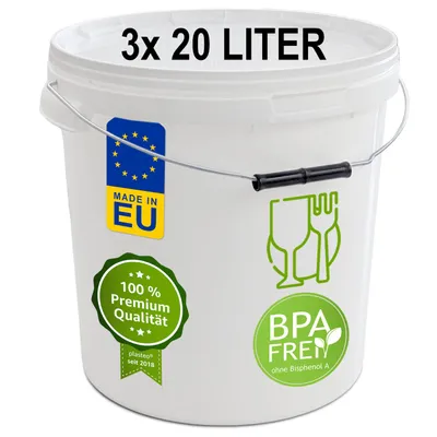 Produktbild von plasteo® 3x 20 Liter Eimer mit Deckel Lebensmittelecht Luftdicht Kunststoffeimer Plastikeimer Leereimer Transporteimer (3x 20 Liter)