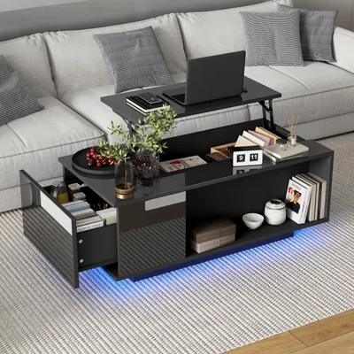 Image de MODFU Table basse 100x50x40 cm - Plateau Relevable Hydraulique et LED - Noir