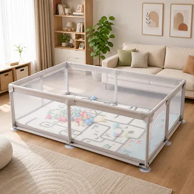 Produktbild von Laufstall Baby, Laufstall 120x180cm, Laufgitter Baby mit Matratze, Playpen mit Atmungsaktivem Netz, 50 Ozeanbällen, Laufgitter 600D Oxford Gewebe,Grau