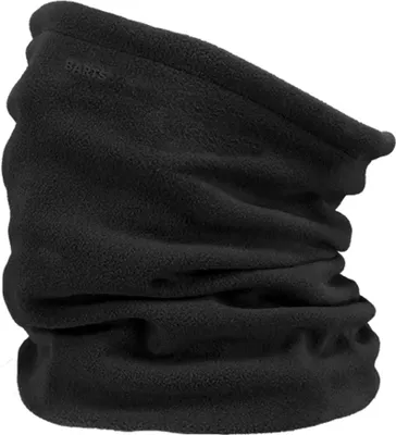 A black fleece neck warmer is shown against a white background.
