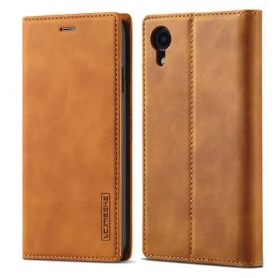 A brown leather flip case for a smartphone, shown open and closed.