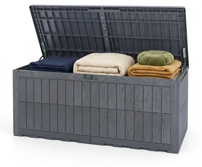 Produktbild von KOMFOTTEU 680 L wetterfeste Auflagenbox, abschließbare Aufbewahrungsbox mit Deckel, Gasdruckfedern & Griffen, 2-in-1 Terrassenbank und Kissenbox für Kissen, Gartenwerkzeug & Poolzubehör
