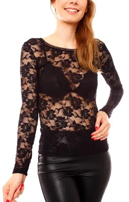 Productafbeelding van Easy Young Fashion - Dameslangarmshirt met kant - Transparante mesh blouse - Rood