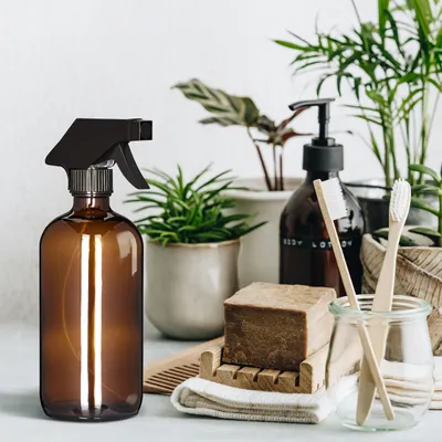Produktbild von Relaxdays Sprühflasche Glas, 4er Set, 500 ml, Nebel & Strahl, Spritzflasche für Haarpflege, Reinigung & Pflanzen, braun