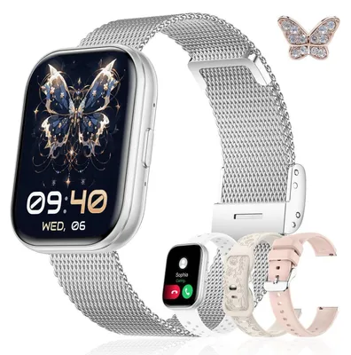 Produktbild von Smartwatch Damen Geschenkset mit 4 Wechselarmbändern 1,75" HD Display Bluetooth Anrufe Herzfrequenz SpO2 Schlaf Tracking 120+ Sportmodi Silber