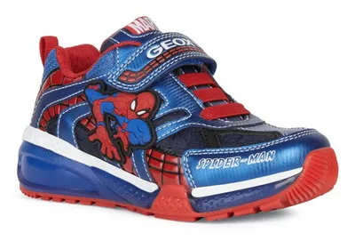 A single Spiderman-themed children's shoe is shown against a white background.