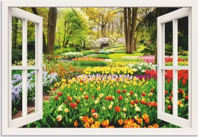 Produktbild von ARTland Wandbild Alu für Innen & Outdoor Fensterblick Tulpen Garten Frühling Größe: 100x70 cm