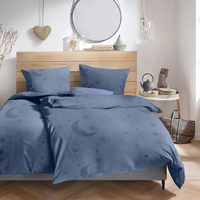 Produktbild von Hahn Bio Biber Bettwäsche Mond und Sterne blau 135x200 cm + 80x80 cm