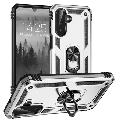 A silver and black phone case with a ring holder is displayed from multiple angles against a white background.