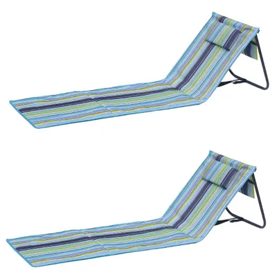 Two striped beach loungers are shown against a white background.