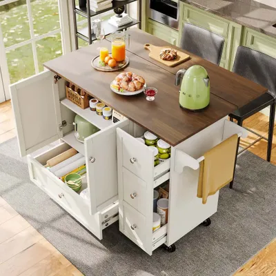 Immagine prodotto di Carrello da cucina AIORBER, con piano allungabile, 3 cassetti, 5 ruote, mobili da cucina, carrello da cucina mobile, per sala da pranzo, 128x40x92,5 cm, bianco