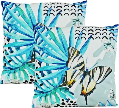 Produktbild von JACK 2er Set 45x45cm Motiv Outdoor Kissenhülle Kissenbezug Hülle Wasserfest Kissen Garten Stuhl Lotus Effekt, Farbe:Schmetterling Blau
