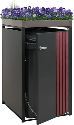 Obrázek produktu pro 1 víko na odpadkový koš HWC-O67, box na odpadky s květináčem, kov 125x68x84cm 35kg  antracitový vzhled tmavého dřeva