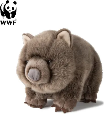 A plush toy wombat with the WWF logo in the top left corner.