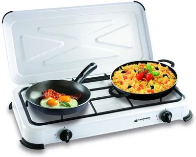 Obrázok produktu pre Plynový varič Kemper s 2 horákmi, biely – výkon 2,6 kW | Horáky a veko z nehrdzavejúcej ocele | Robustná konštrukcia | Ideálny na kempovanie