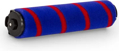 A vacuum cleaner brush roll with blue bristles and red stripes, shown on a white background.