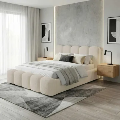 Obrázek produktu pro BESILIO čalouněná postel 140x200 Bouclé Milly – postel s úložným prostorem a roštem, moderní postel s úložným prostorem z tlusté pěny – béžová