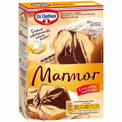 A box of Dr. Oetker Marmorkuchen baking mix with an image of the finished cake.