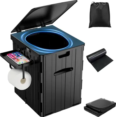 Obrázek produktu pro Přenosná skládací kempingová toaleta pro dospělé s víkem - mobilní toaleta pro vnitřní i venkovní použití (černá)