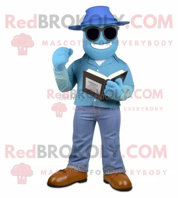 Imagen del producto de Personaje REDBROKOLY de traje de mascota Blue Commando vestido con Boyfriend Jeans y gafas de lectura