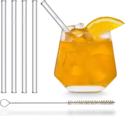 Produktbild von HALM Glasstrohhalme kurz - 4 Stück gerade 15 cm - Glasstrohalme Set Wiederverwendbar + plastik-freie Reinigungsbürste - Glas-Trinkhalme für Cocktail Gläser, Kinder Trinkgläser - Smoothie Strohhalme