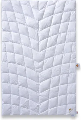 A white quilted blanket is laid flat on a white background.