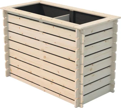 A rectangular wooden planter box with a black liner, shown from a slightly elevated front-left angle against a white background.